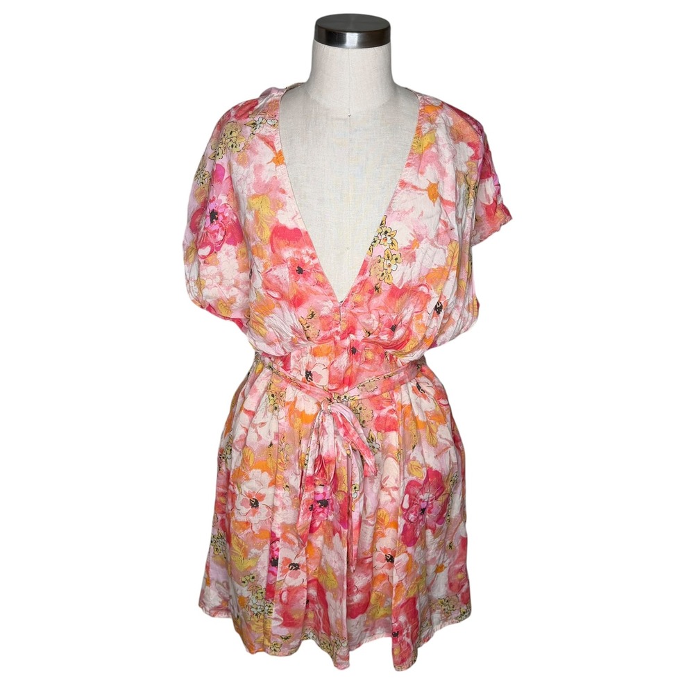FREE PEOPLE Dress Pinkβ Floral V-Neck Mini Tie Waist Women's Size Large